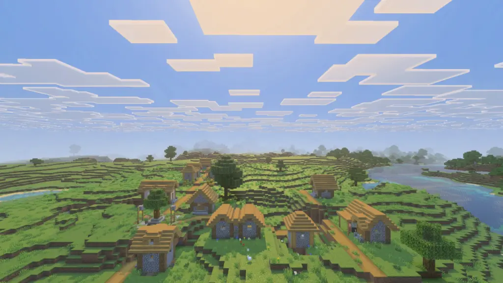 Vista de pueblo en Minecraft Bedrock con Vibrantes visuales